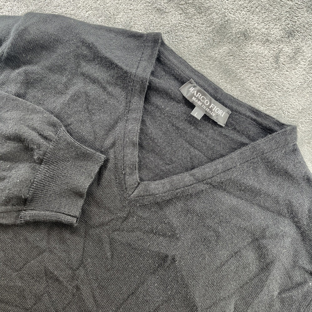 Marco Fiori Mens L Black V-Neck Sweater Merino Wool Blend Knit Made in Italy